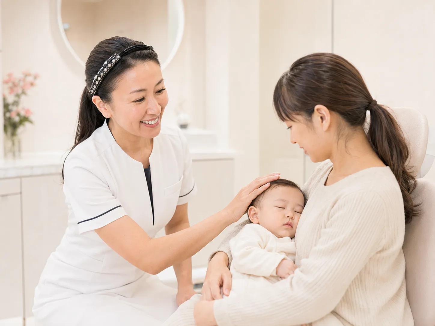 衛生士さんとお母さま、腕の中で穏やかに眠る赤ちゃん