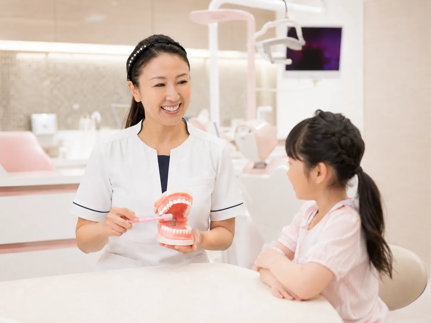 歯科模型で歯みがき指導を受ける小学生の女の子