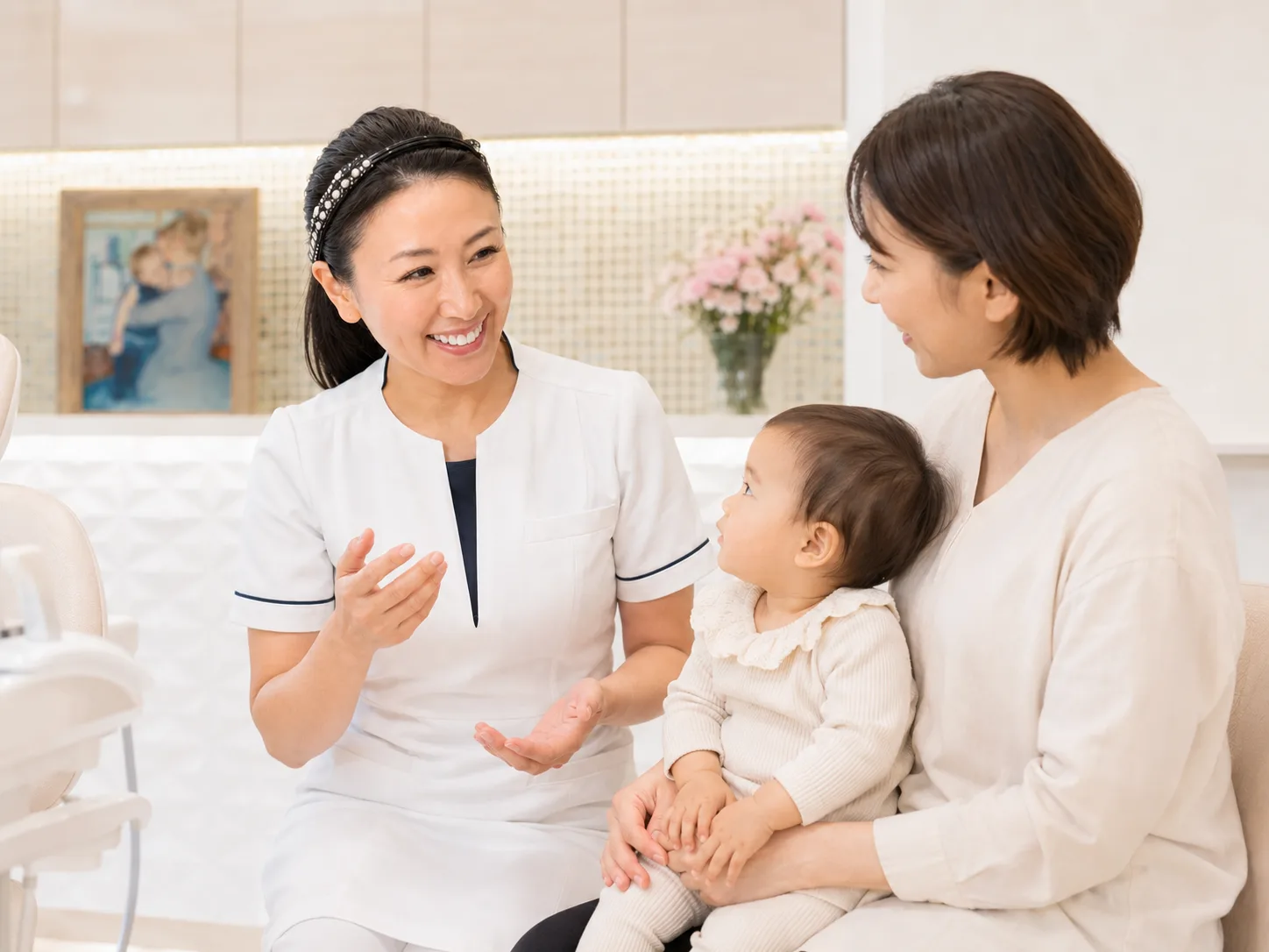 お母さまに抱かれた幼児と、優しく話しかける衛生士さん